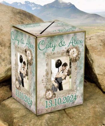 Cutie dar nunta vintage personalizata cu poza mirilor