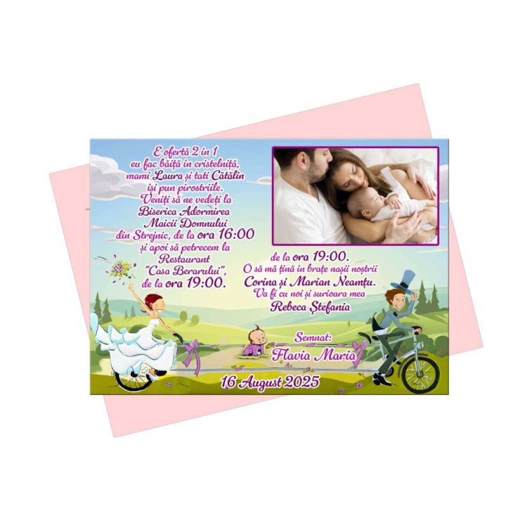 Invitatii nunta si botez 2 in 1 roz