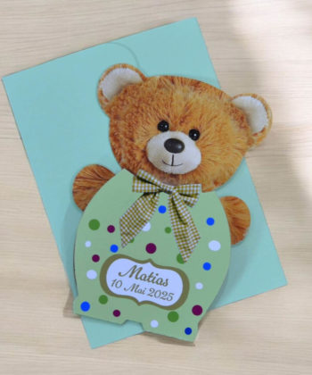 Invitatii botez baieti ursulet maro 680961 cu plic vernil