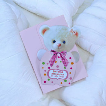 Invitatii botez ursulet fetite alb roz personalizate