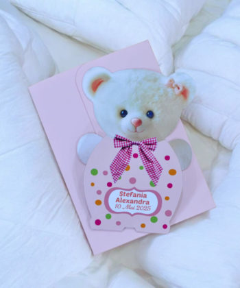 Invitatii botez ursulet fetite alb roz personalizate