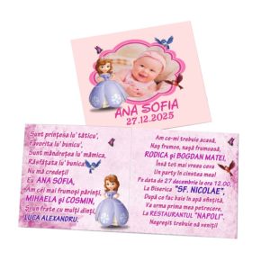 Invitatii Botez Fetita Printesa Sofia – Invitatii personalizate si magnet marturie, un concept 2 in 1 elegant si memorabil