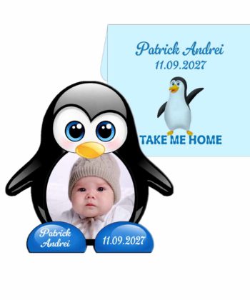 marturii botez baieti pinguin magnet cu plic bleu