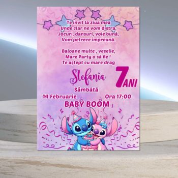 invitatie aniversare fetite stitch mov personalizata