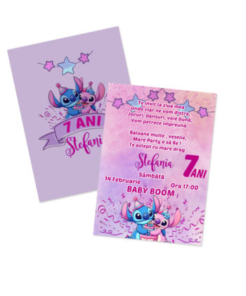 invitatie aniversare fetite stitch cu plic mov personalizata