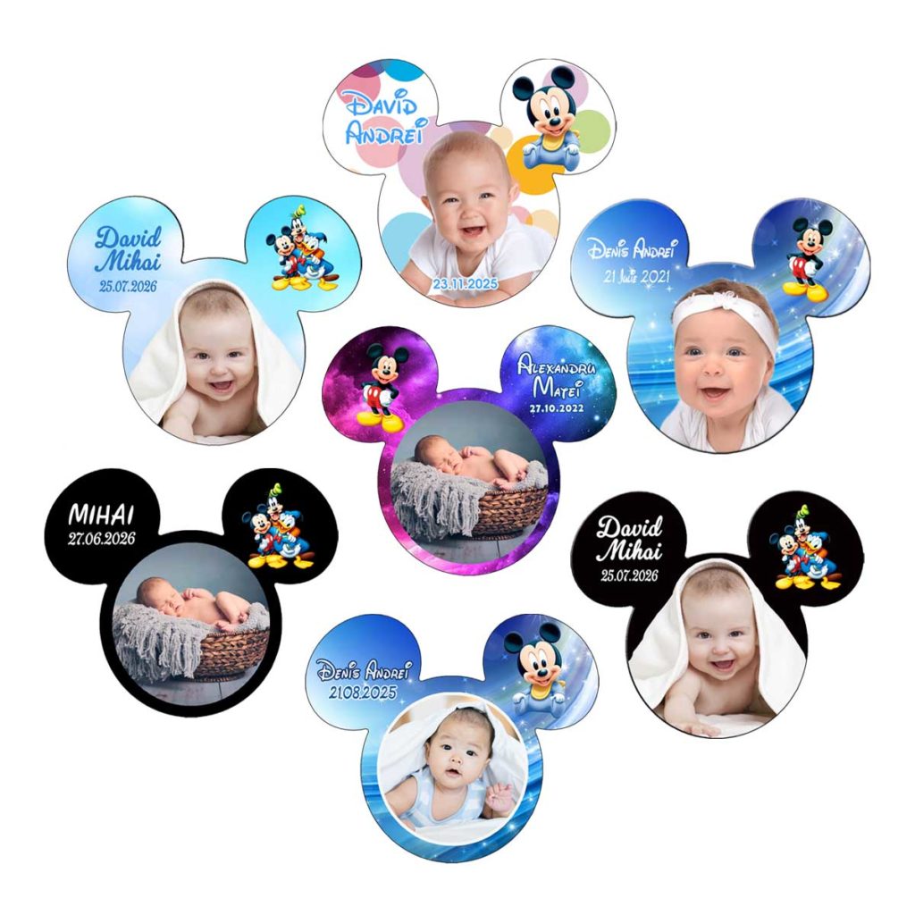 Marturie magnet forma Mickey personalizata pentru botez, model HUB cu configurare completa