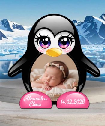 marturii botez fetite pinguin magnet roz personalizat