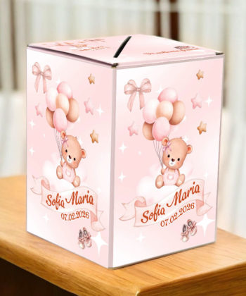 Cutie dar botez ursulet cu baloane roz personalizata cu nume si data