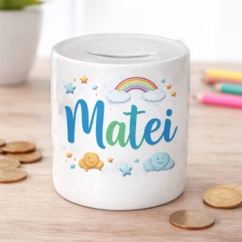 pusculita personalizata cu nume pentru copii model ceramic alb