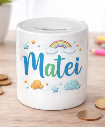 pusculita personalizata cu nume pentru copii model ceramic alb
