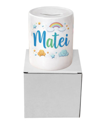 pusculita personalizata cu nume pentru copii livrata in cutie alba standard