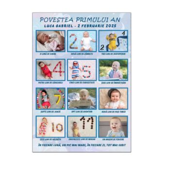 Rama magnetica personalizata pentru primul an al baiatului, magnet A4 cu 12 fotografii