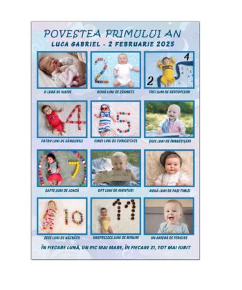 Rama magnetica personalizata pentru primul an al baiatului, magnet A4 cu 12 fotografii