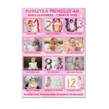 Rama magnetica personalizata pentru primul an al fetitei, magnet A4 cu 12 fotografii
