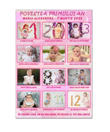 Rama magnetica personalizata pentru primul an al fetitei, magnet A4 cu 12 fotografii