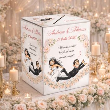 cutie dar nunta personalizata cu caricatura miri si design floral