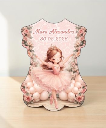invitatie botez rochita balerina roz personalizata pentru fetita cu flori si baloane