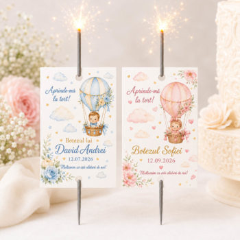 Artificii personalizate botez cu balon cu aer cald pentru baiat si fetita