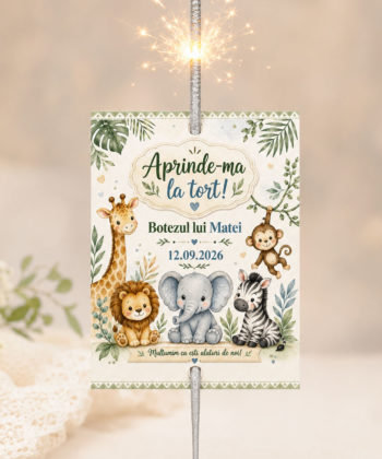 Cartonas personalizat Aprinde-ma la tort Safari pentru botez de baiat