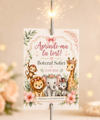 Cartonas personalizat Aprinde-ma la tort Safari pentru botez de fetita