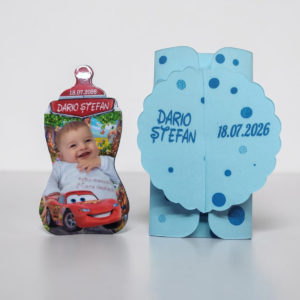Marturie botez baiat personalizata, magnet biberon si cutiuta bleu