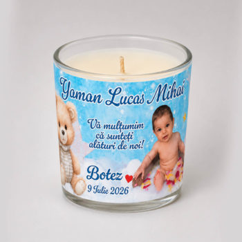 Marturie botez cu lumanare in pahar de sticla personalizata
