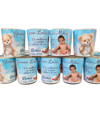 Marturii botez lumanari in pahar din sticla personalizate cu poza copilului