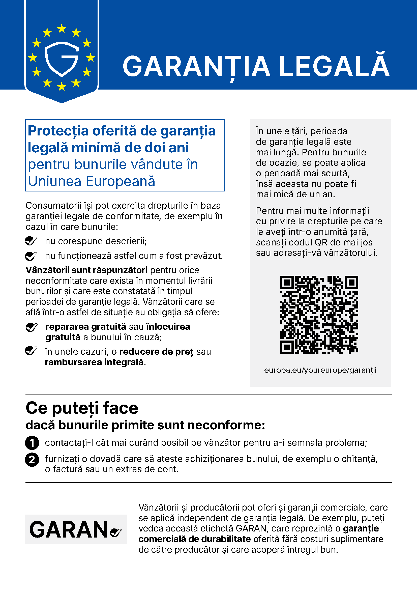 Garantia legala de conformitate - informare oficiala Uniunea Europeana