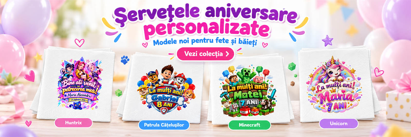 Servetele aniversare personalizate color pentru fete si baieti