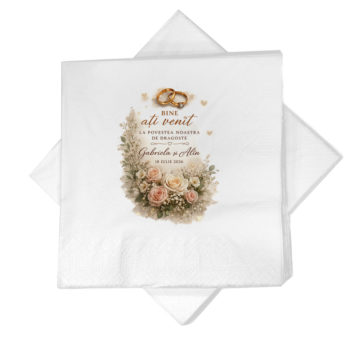 servetele nunta personalizate color cu verighete si trandafiri - print centrat clasic